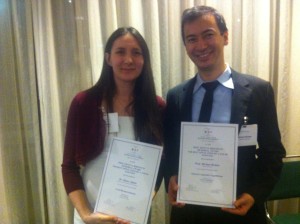 Diane Adams of Rutgers University and Michael Richter, a visiting economics professor at the University of Pennsylvania, with their Bergmann Award certificates, which were presented at BSF's February 2016 Israeli Embassy reception in Washington D.C.